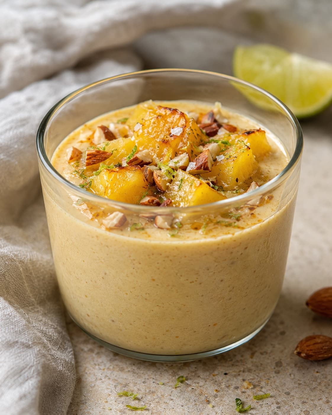 Crème velours amande, ananas rôti à la vanille et citron vert