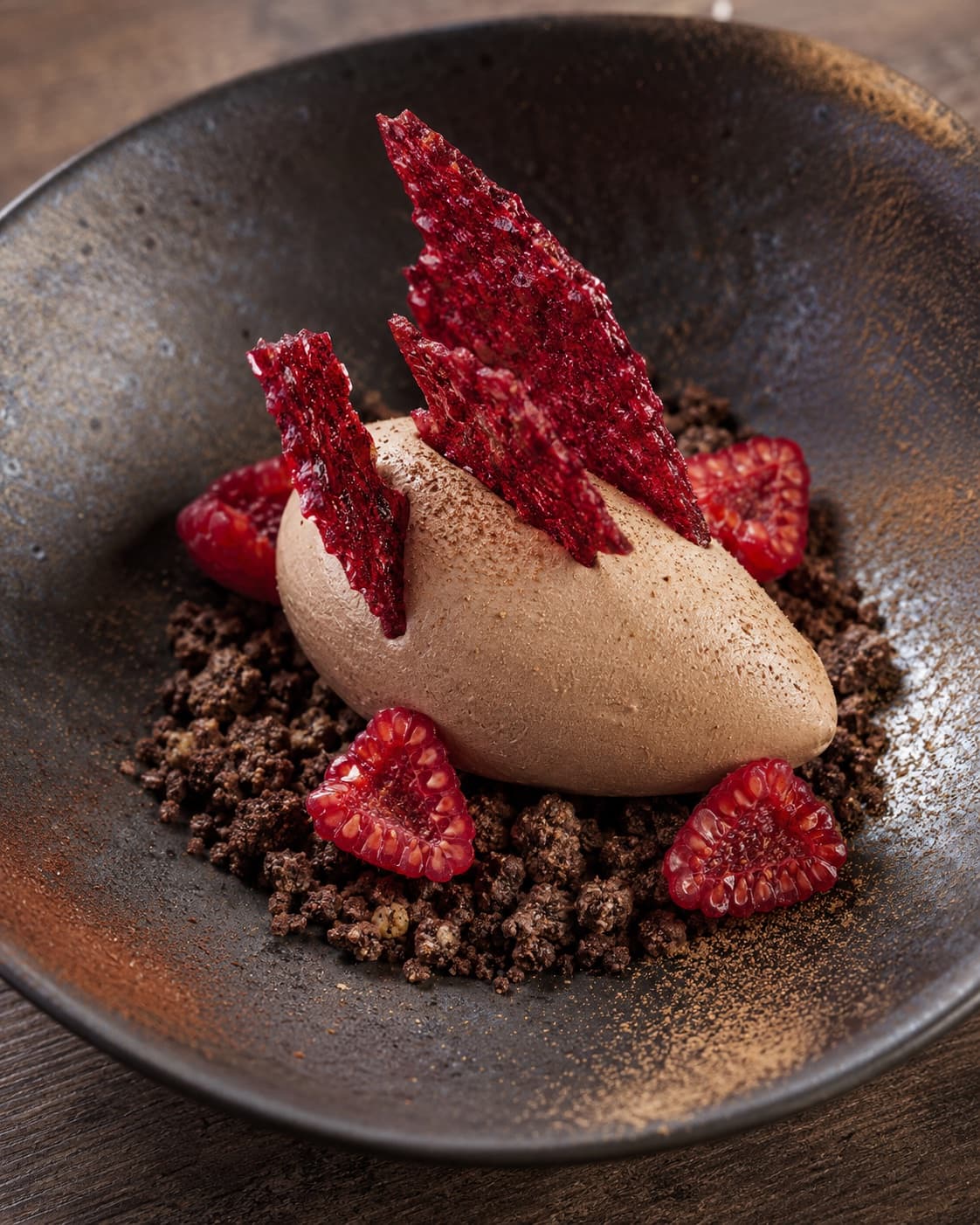 Mousse malt-amande, vitre de framboise et streusel cacao-malt