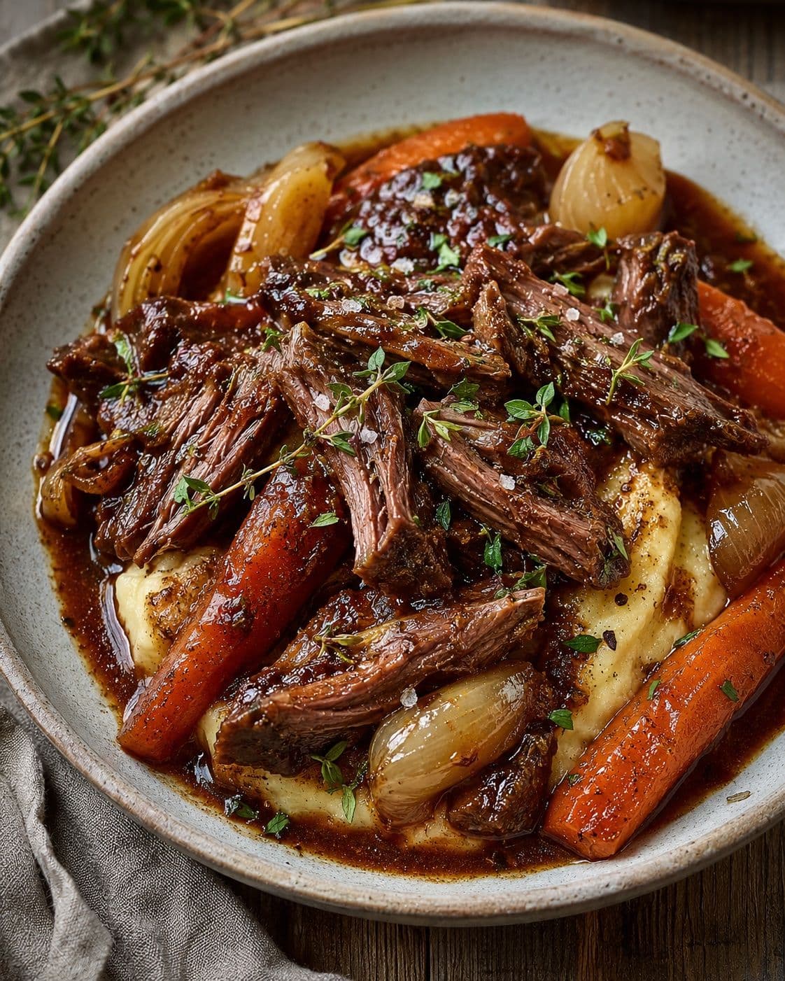 Bœuf braisé en cocotte, jus corsé et aligot traditionnel