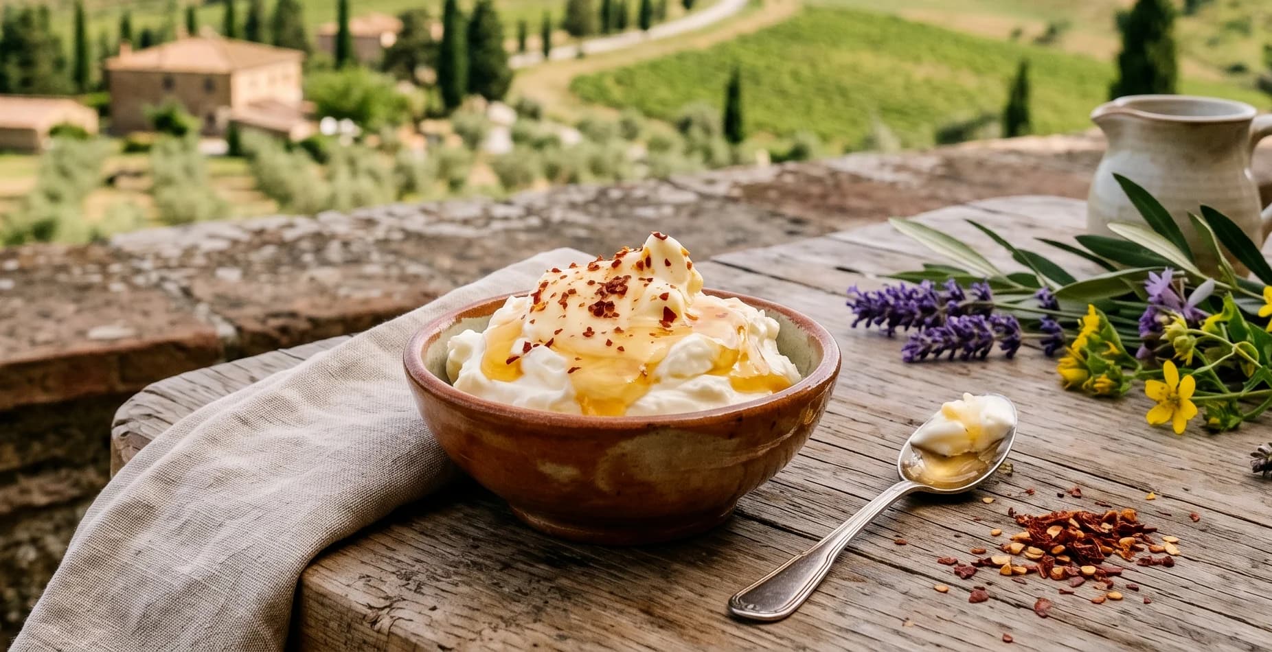 Bol en terre cuite de mascarpone crémeux nappé de miel doré et flocons de piment rouge, collines toscanes en arrière-plan