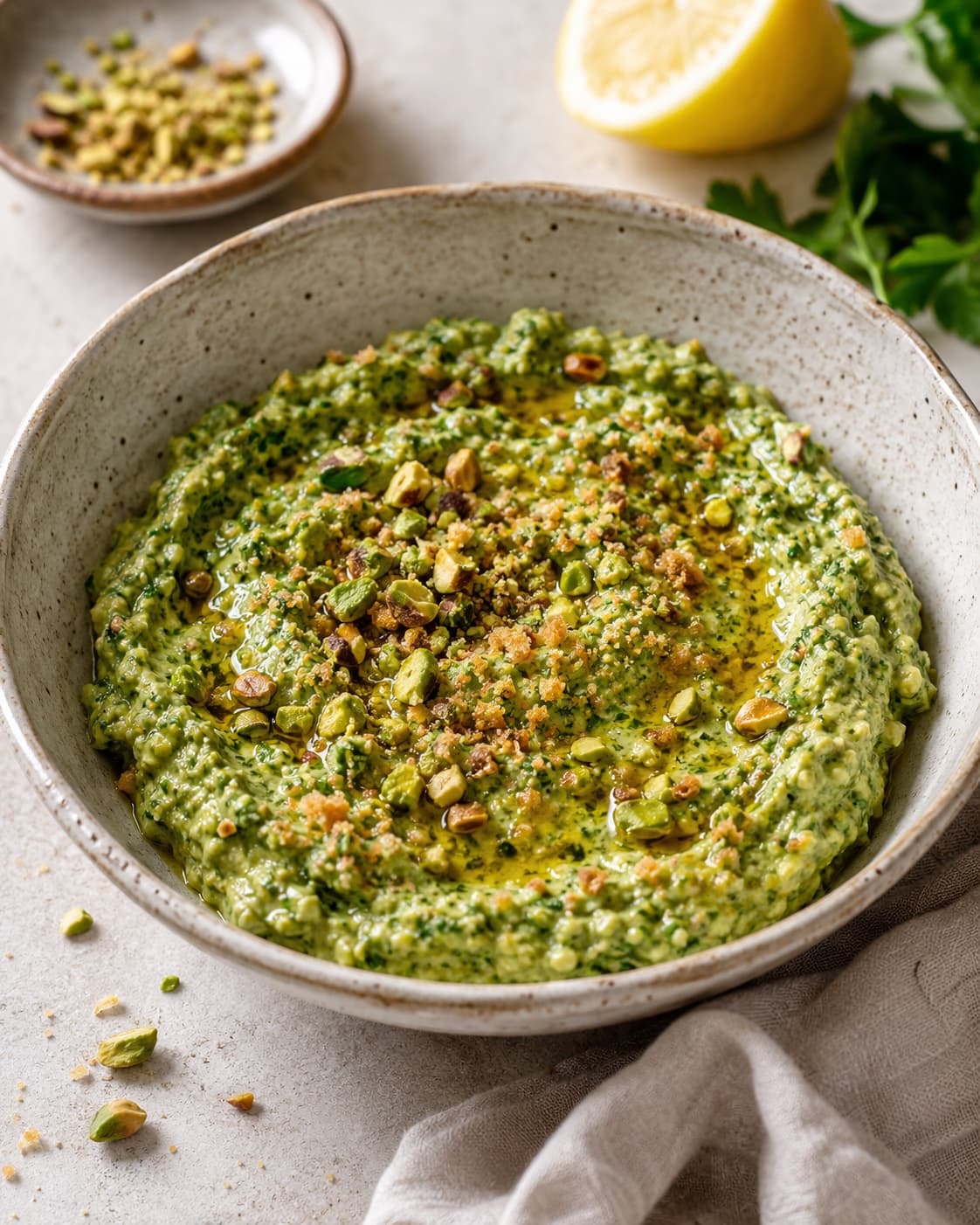 Pesto à l'avocat, pistaches torréfiées et pangrattato citronné