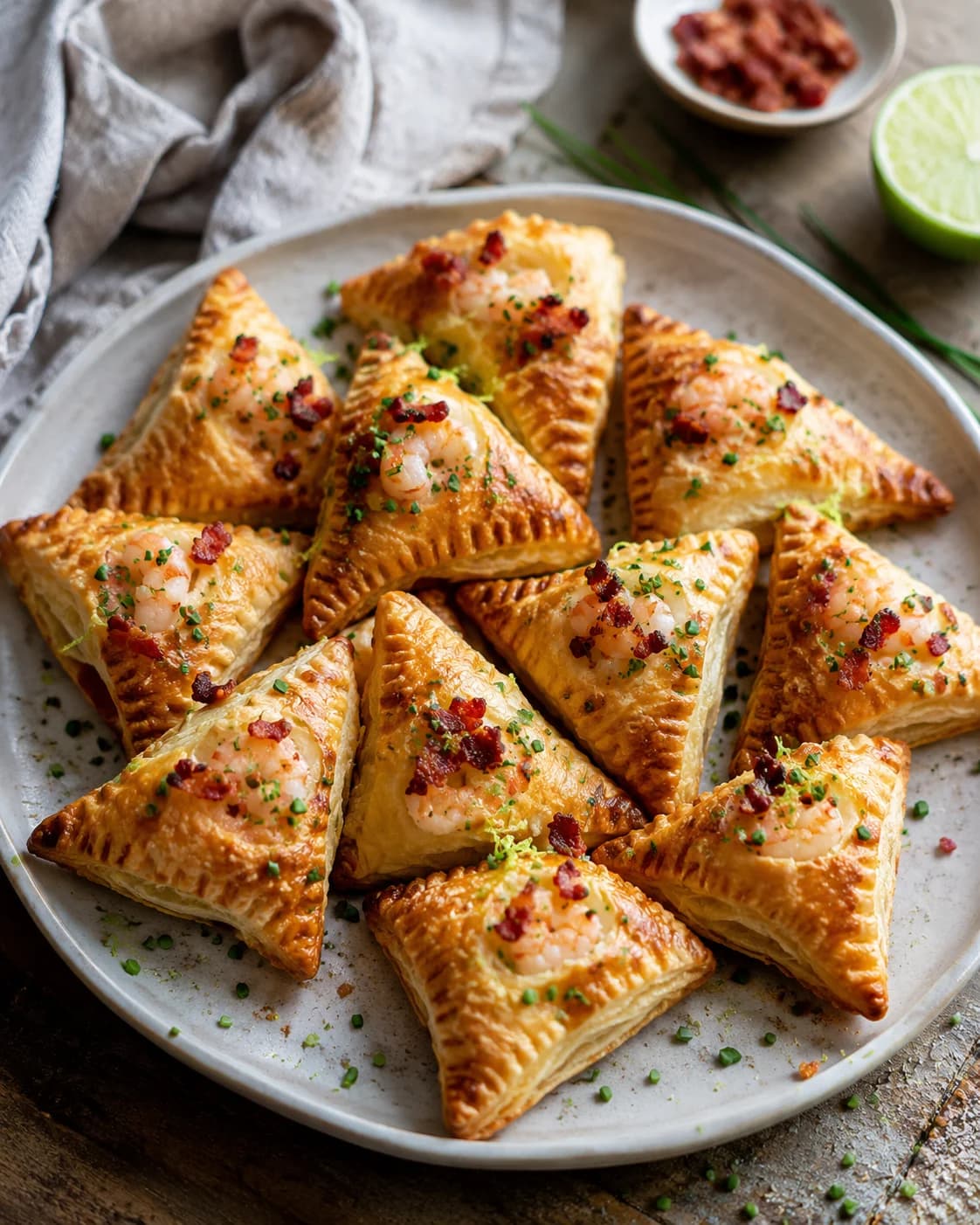 Mini-feuilletés aux crevettes, crème miel-bacon et citron vert
