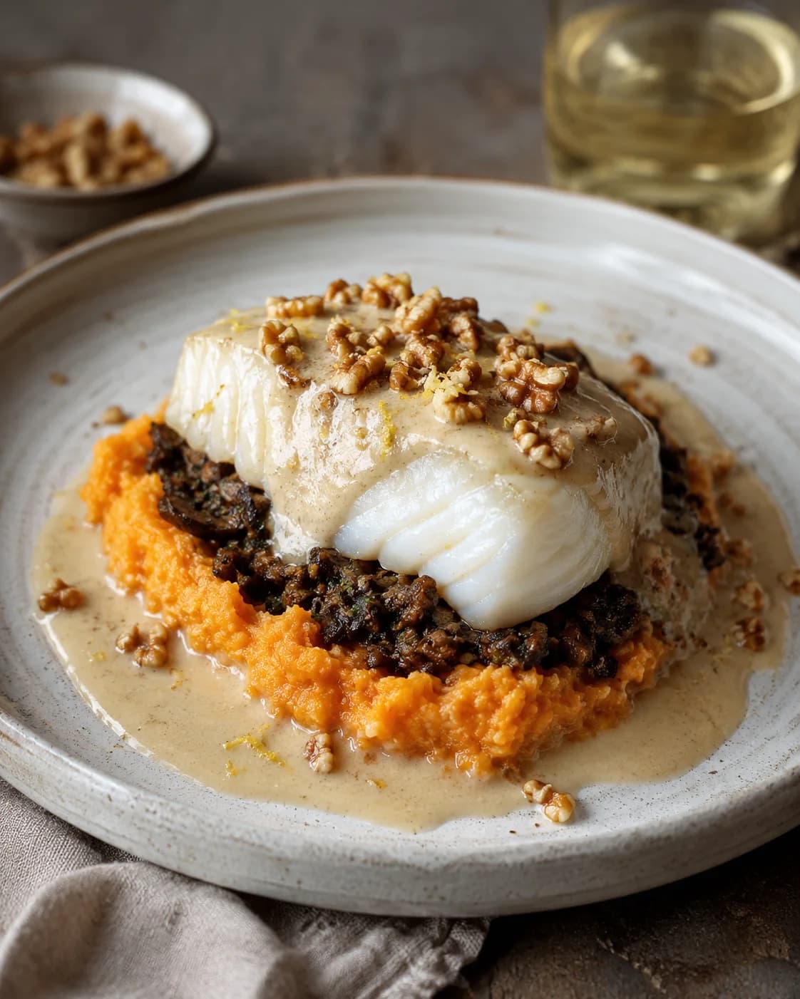 Dos de cabillaud nacré basse température, sauce aux noix torréfiées, patate douce rôtie et duxelles de champignons
