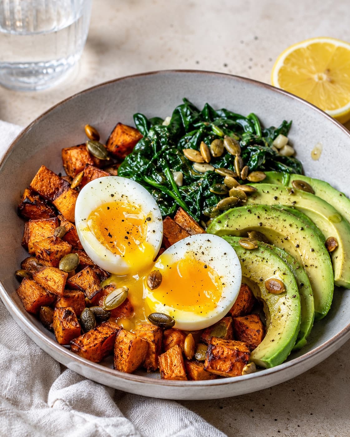 Bol énergie : œufs mollets, patate douce rôtie & avocat