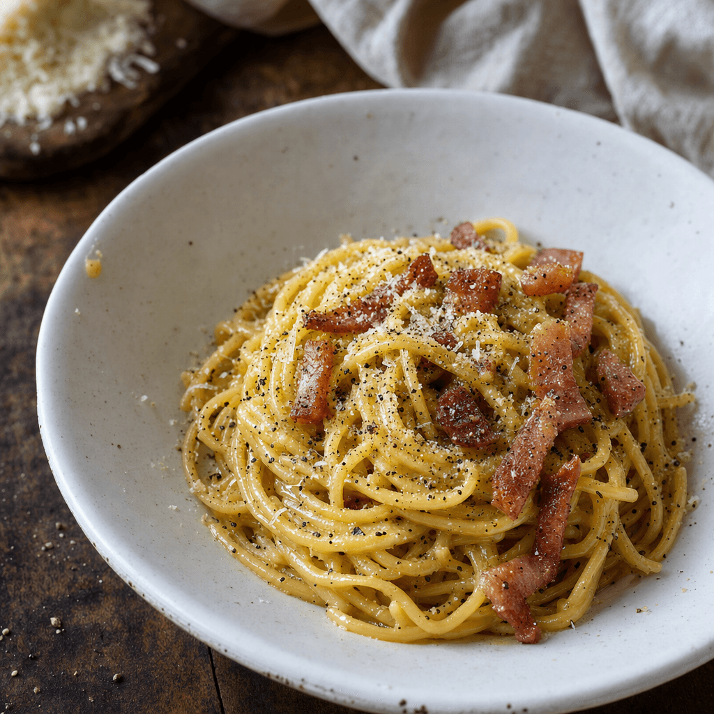 Spaghetti carbonara crémeux au guanciale croustillant, pecorino et poivre noir