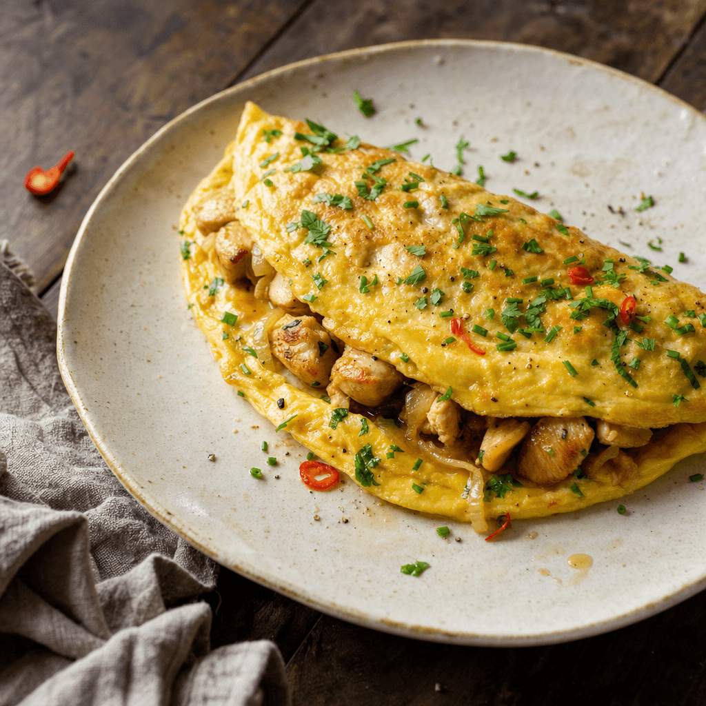 Omelette savoureuse au poulet, piment oiseau et herbes fraîches
