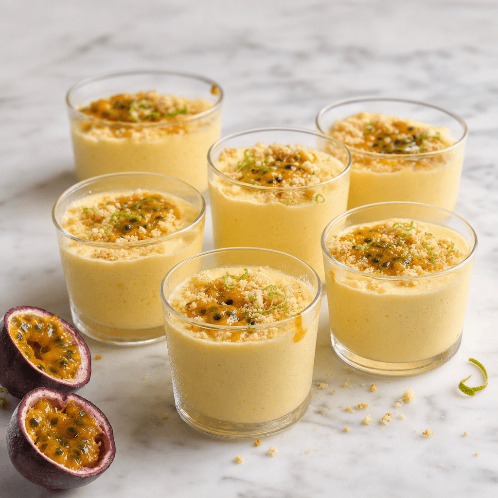 Six verrines de mousse jaune dorée garnies de pulpe de fruit de la passion, crumble et zestes de citron vert sur marbre blanc