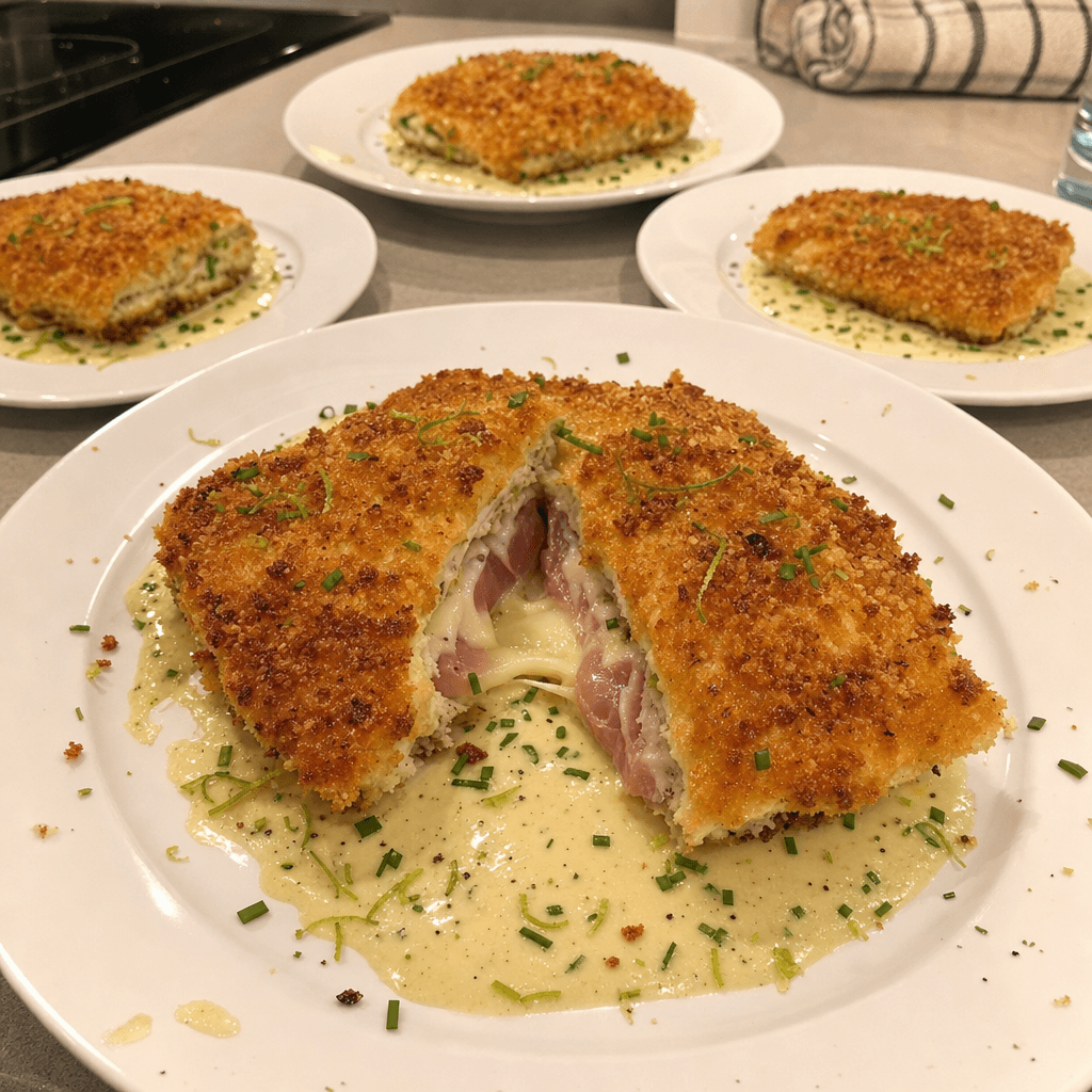 Cordon bleu de mahi-mahi au fromage fumé, panure panko-citron vert et sauce crémeuse