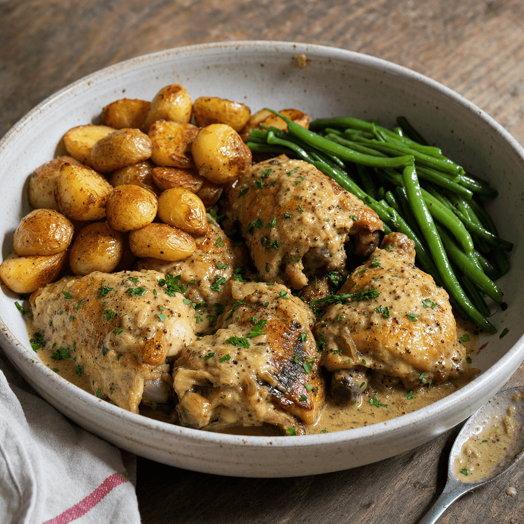 Poulet à la moutarde ultime, pommes grenaille rôties et haricots verts