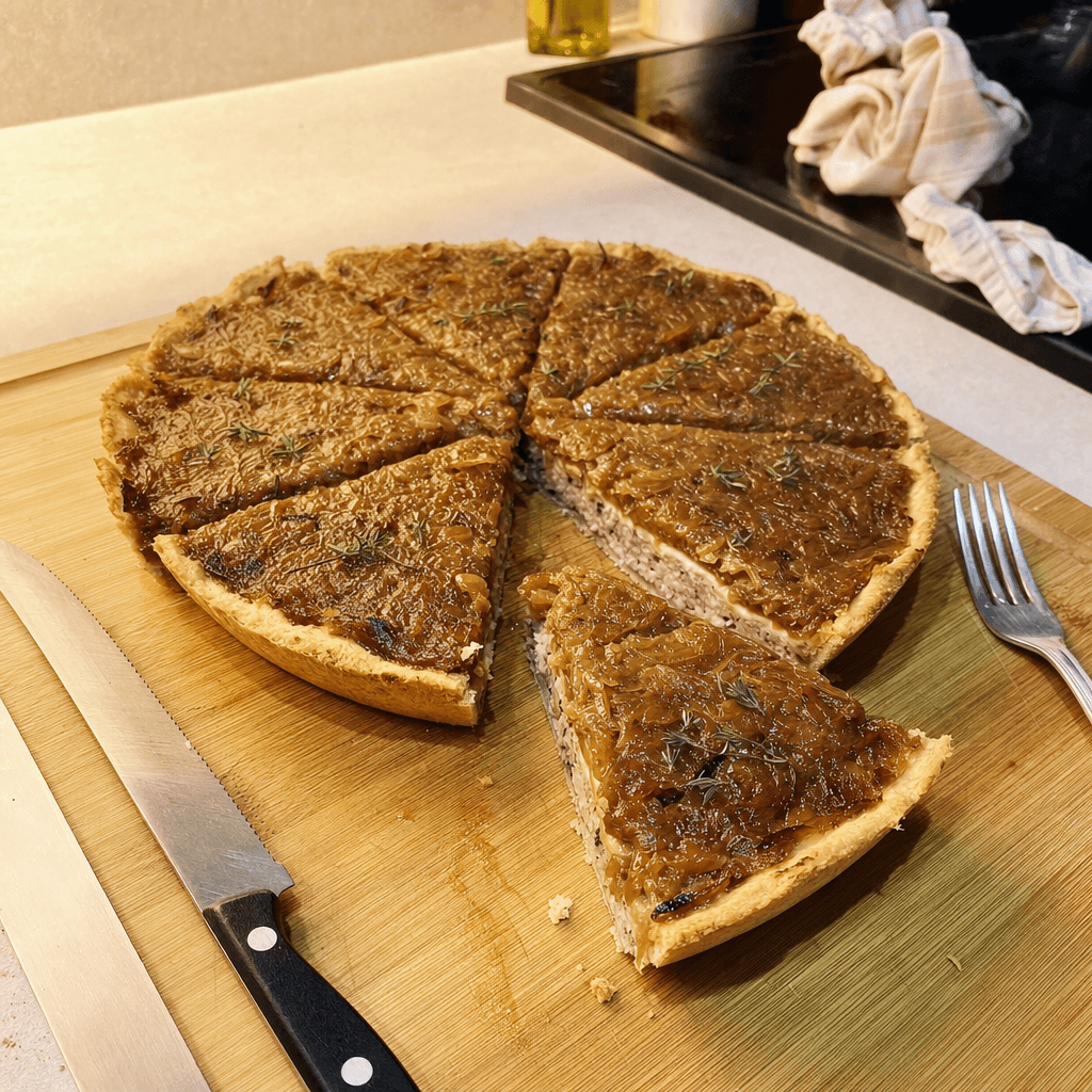Tarte ronde tranchée sur planche bois : oignons ambrés caramélisés au thym, pâte brisée dorée, farce visible en coupe.