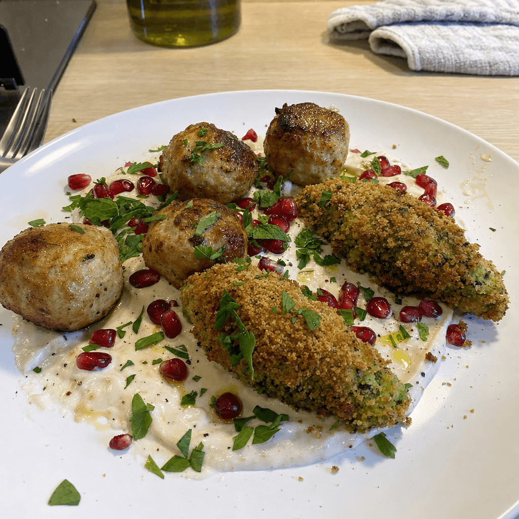Boulettes de dinde aux herbes, croquettes de brocoli rôties & sauce yaourt-tahini-citron