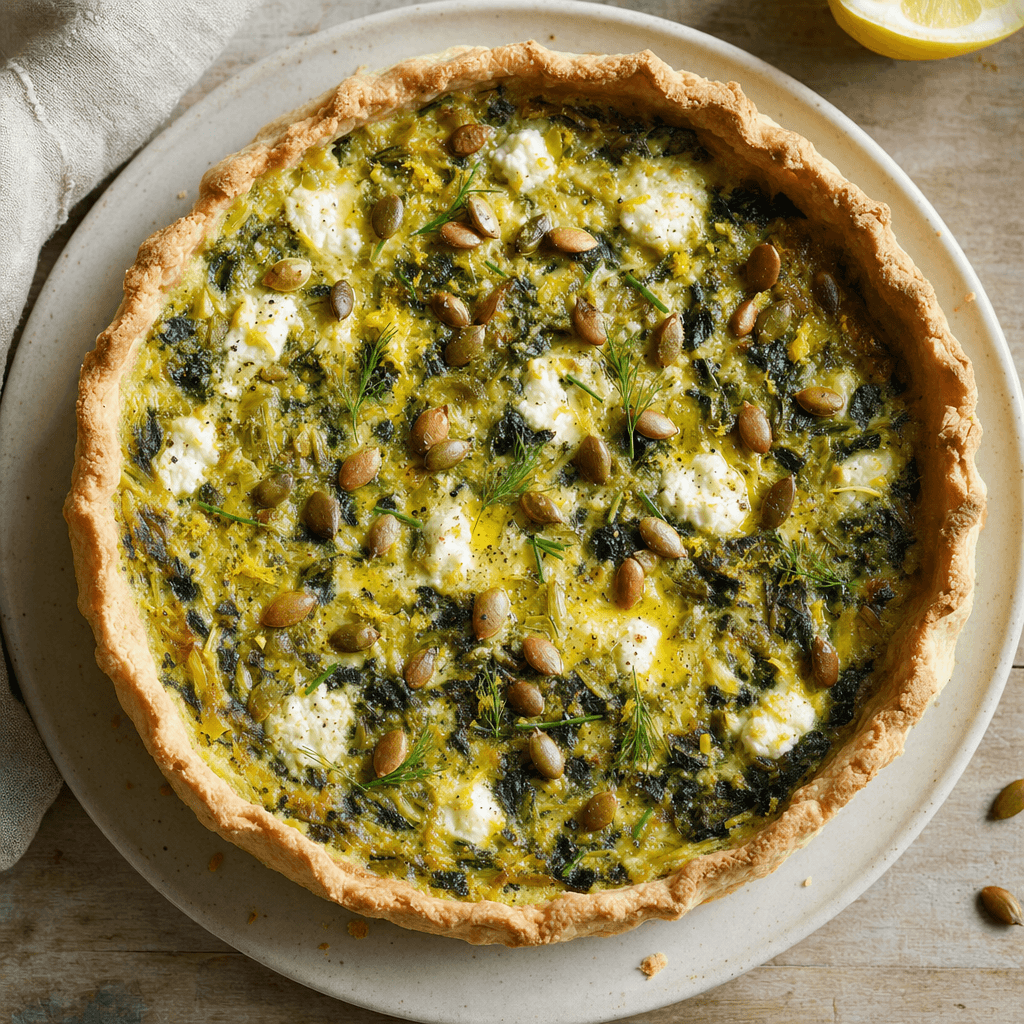 Quiche verte aux poireaux confits, épinards, ricotta et chèvre frais