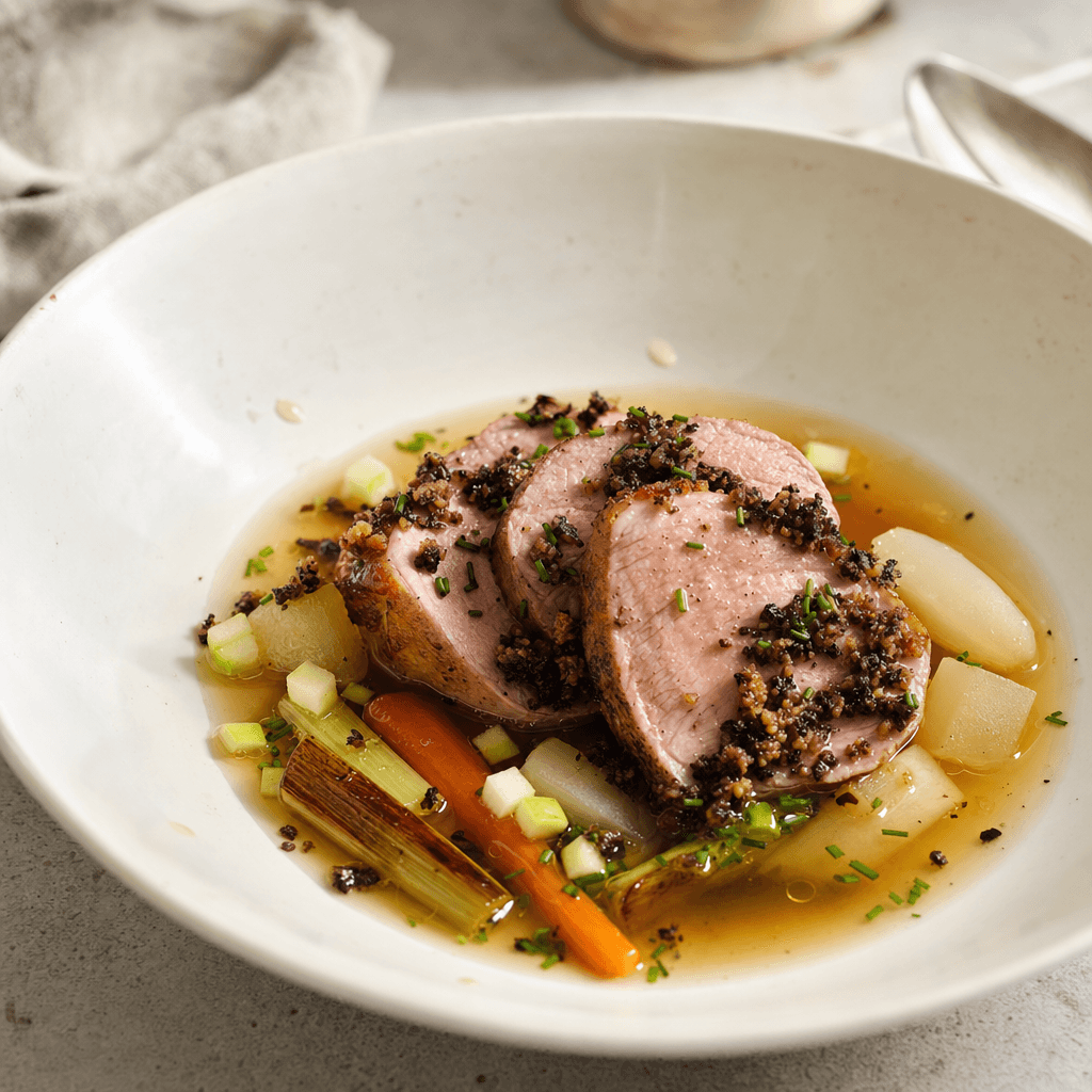 Filet de porc rôti en consommé clair puissant, légumes glacés et duxelles croustillante