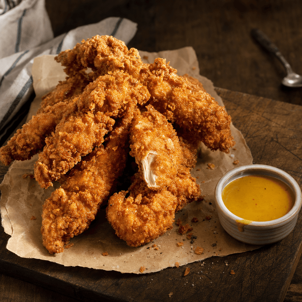 Tenders de poulet ultimes à la bière, double friture et honey mustard épicée