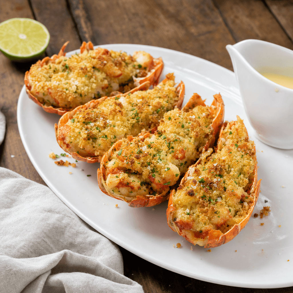 Langouste au barbecue, farce acidulée aux agrumes et crumble croustillant