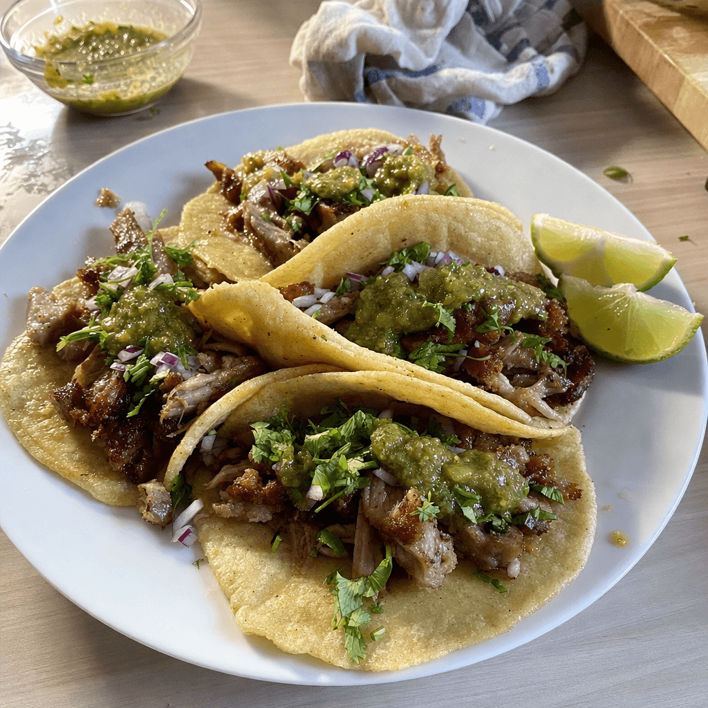 Quatre tacos sur tortillas de maïs jaunes garnies de porc caramélisé, salsa verde, oignon rouge et coriandre fraîche