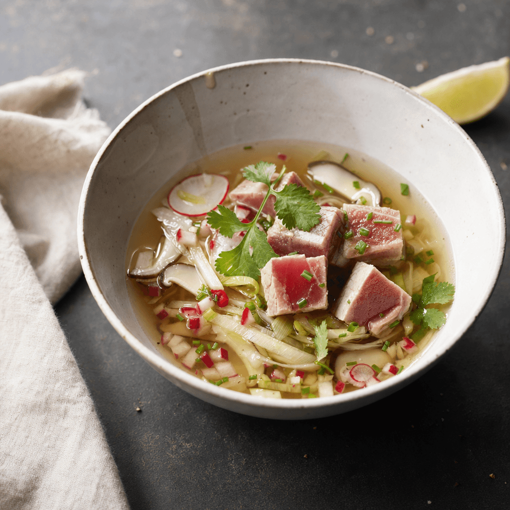 Soupe claire au thon cru mi-tiède, gingembre, citron vert et garnitures croquantes