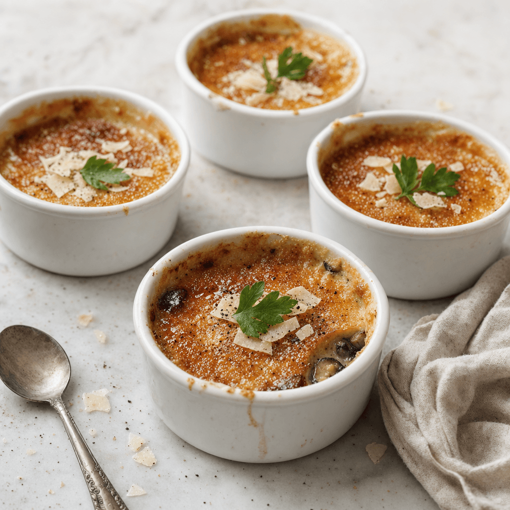 Crème brûlée d’escargots, champignons bruns et parmesan