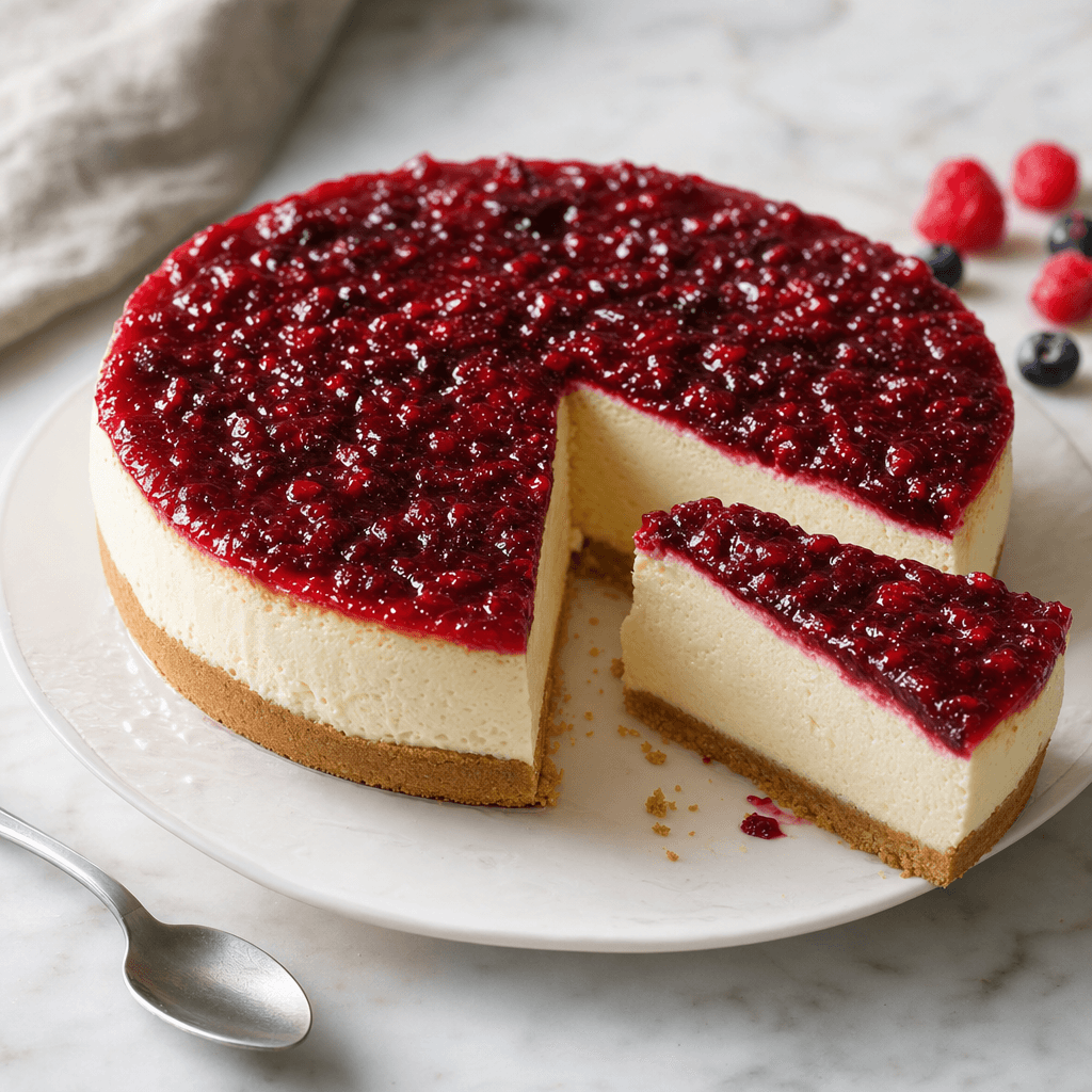 Cheesecake ivoire, tranche découpée révélant la base biscuitée dorée, gousse de vanille et quartier de citron en fond