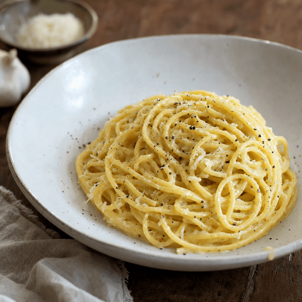 Spaghettis frais maison à l’italienne, sauce beurre ail parmesan