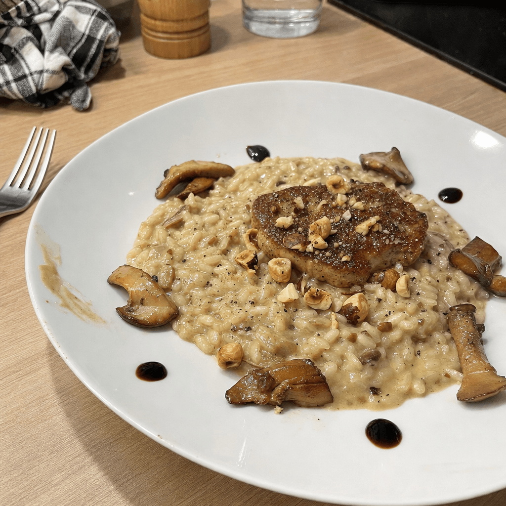 Risotto aux cèpes, escalope de foie gras poêlée, noisettes torréfiées et vieux balsamique