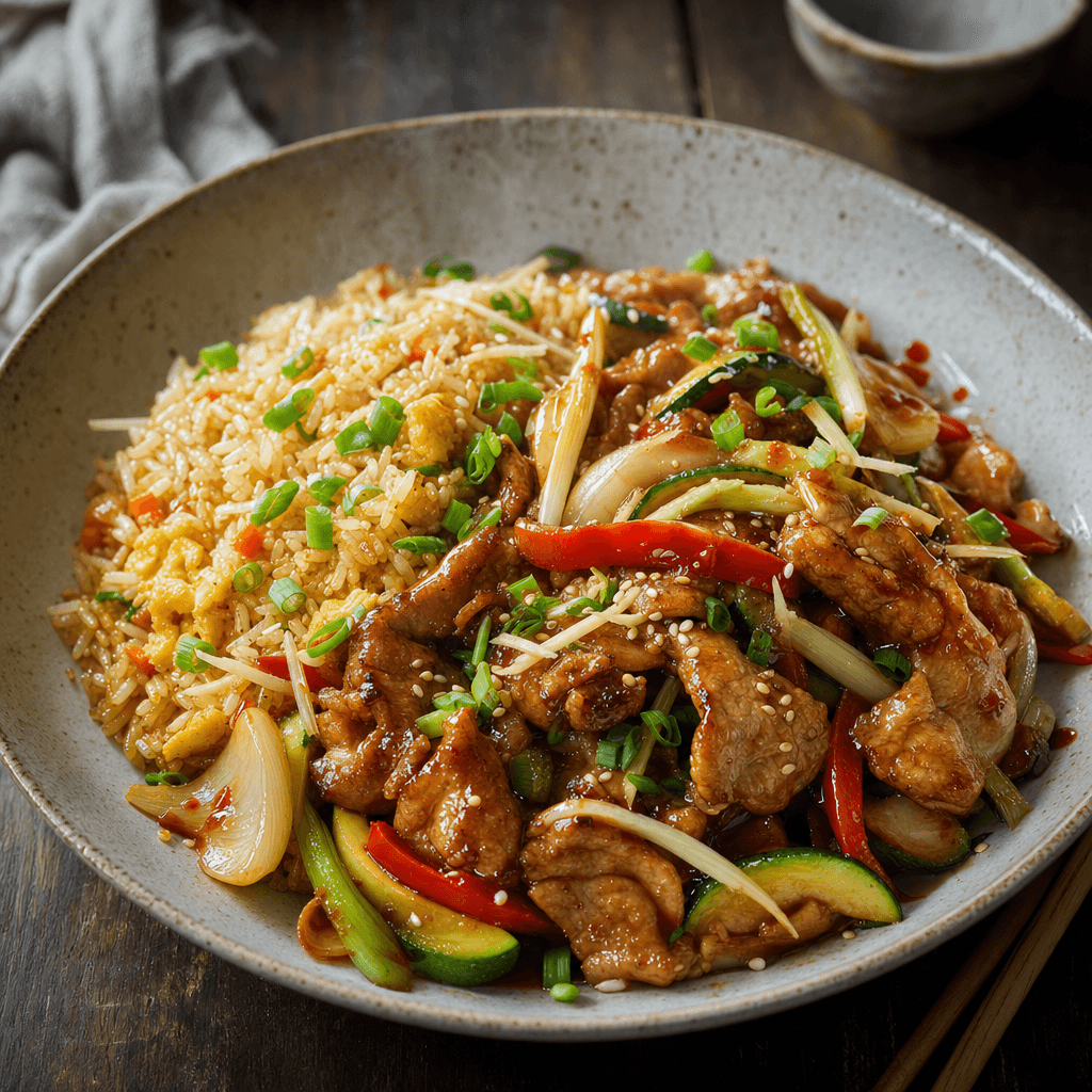 Porc sauté gingembre–michiu laqué, légumes croquants et riz sauté parfumé