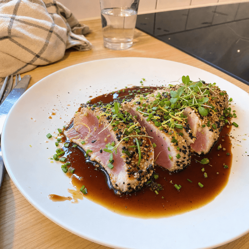 Mi-cuit de thon blanc, sauce gingembre fumé
