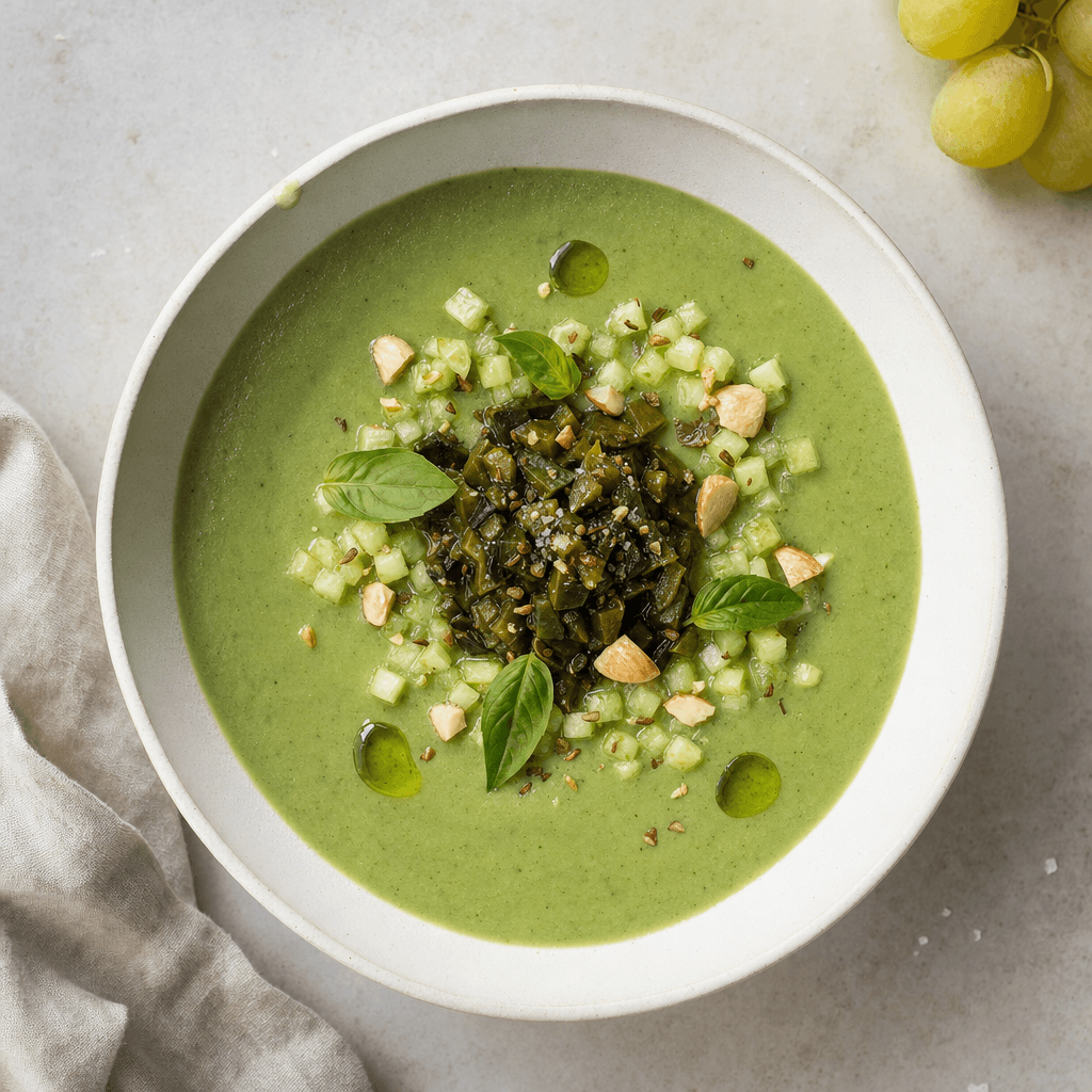 Velouté vert lisse en bol blanc, garni de poblano fumé sombre, brunoise de concombre, amandes Marcona et huile d'herbes