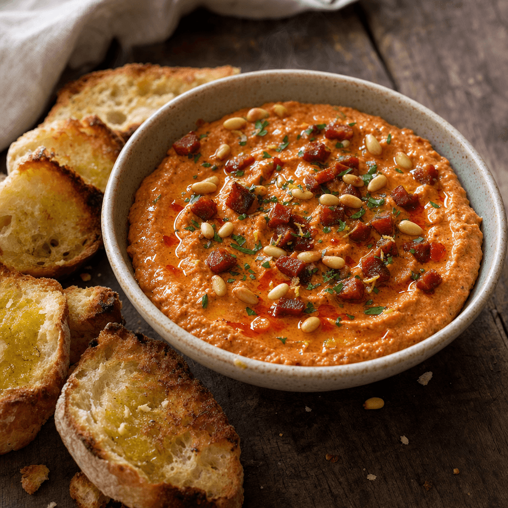 Crème gourmande de chorizo, poivron confit et pignons de pin