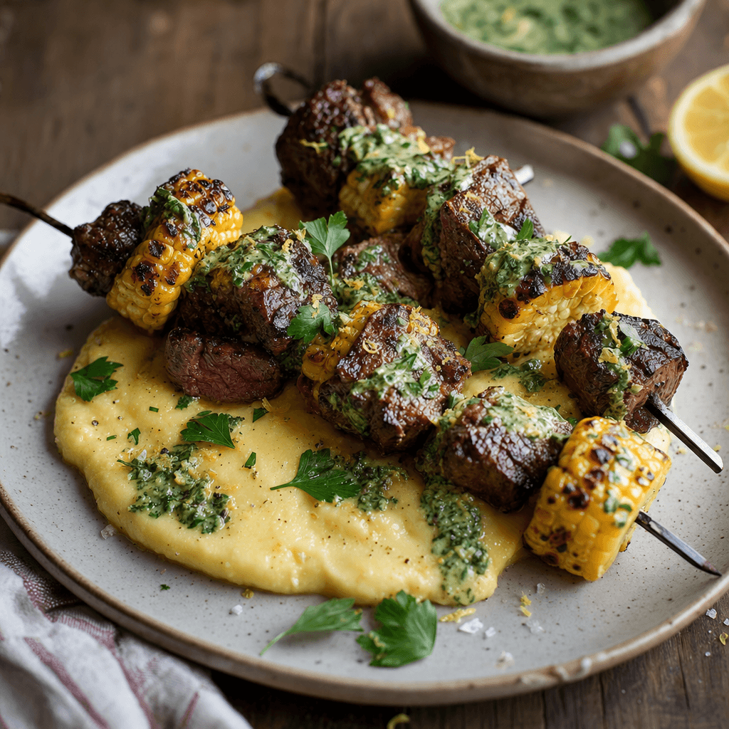 Brochettes de bœuf marinées, maïs grillé, polenta crémeuse au parmesan et chimichurri crémeux