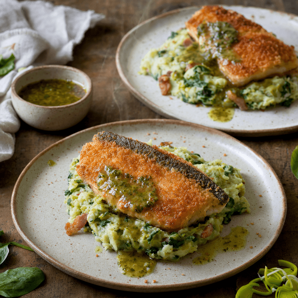 Merlu pané et sauce ravigote, purée poireaux-épinards aux lardons