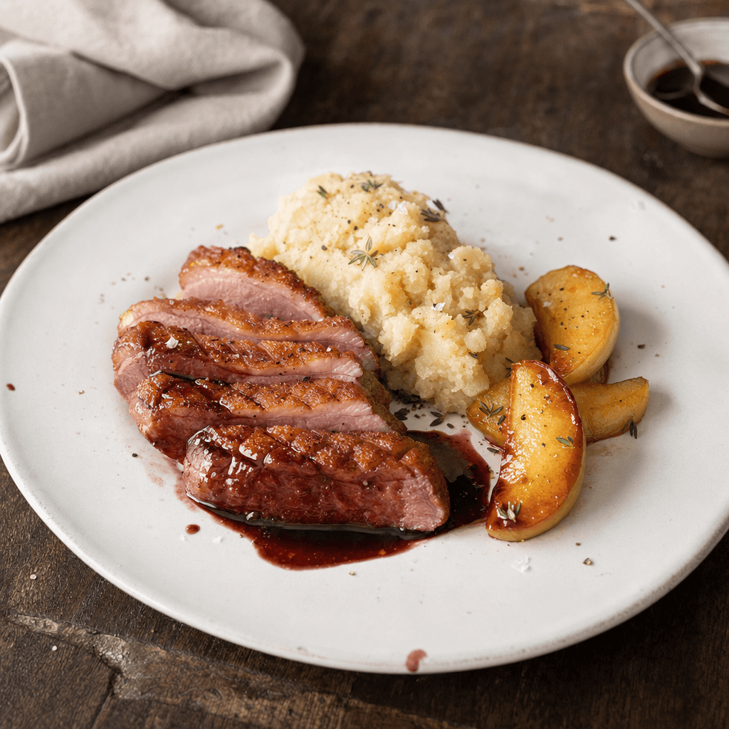 Magret de canard, sauce vin rouge vinaigrée, écrasé de panais rôti et pommes au thym