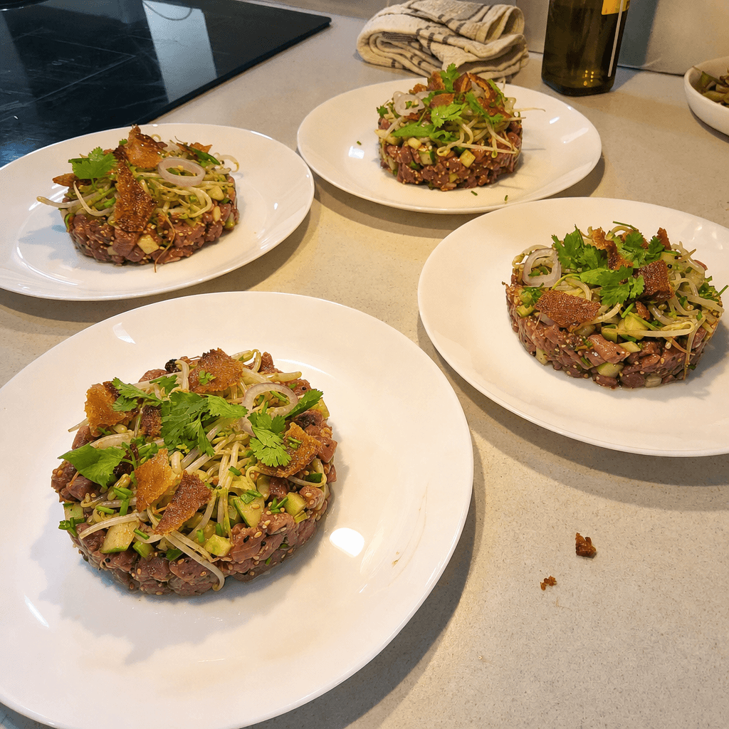 Tartare de canard en cuisson maîtrisée, vanille, gingembre et fraîcheur de soja