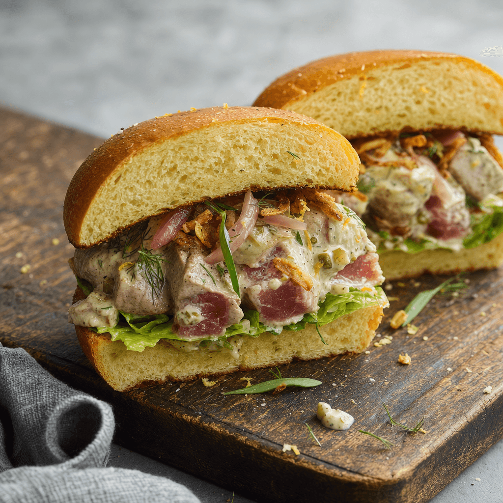 Deux moitiés de sandwich brioché garnies de thon mi-cuit et sauce crémeuse
