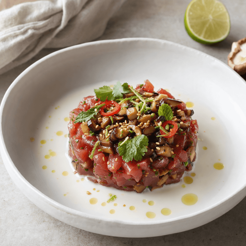 Tartare de thon rouge, champignons umami & lait de coco frais