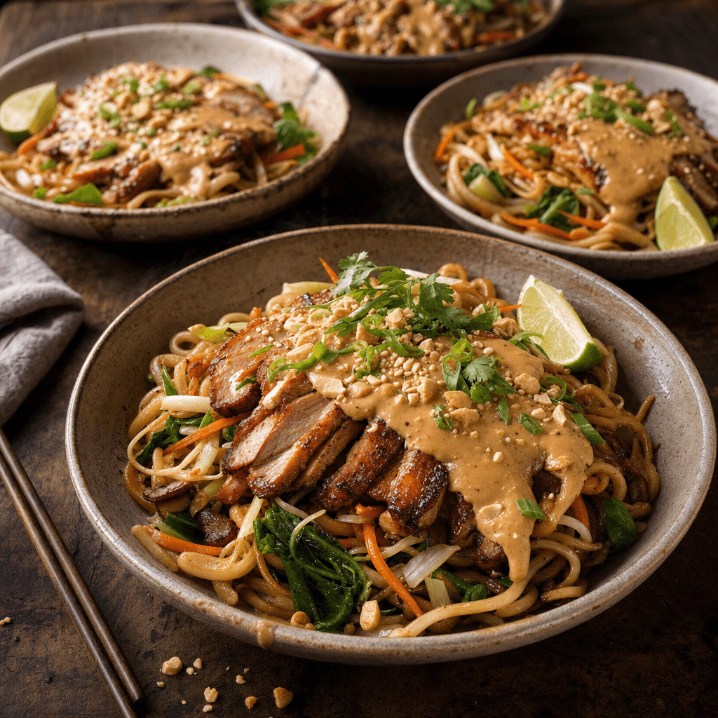Yakiudon au porc caramélisé, sauce cacahuète-coco