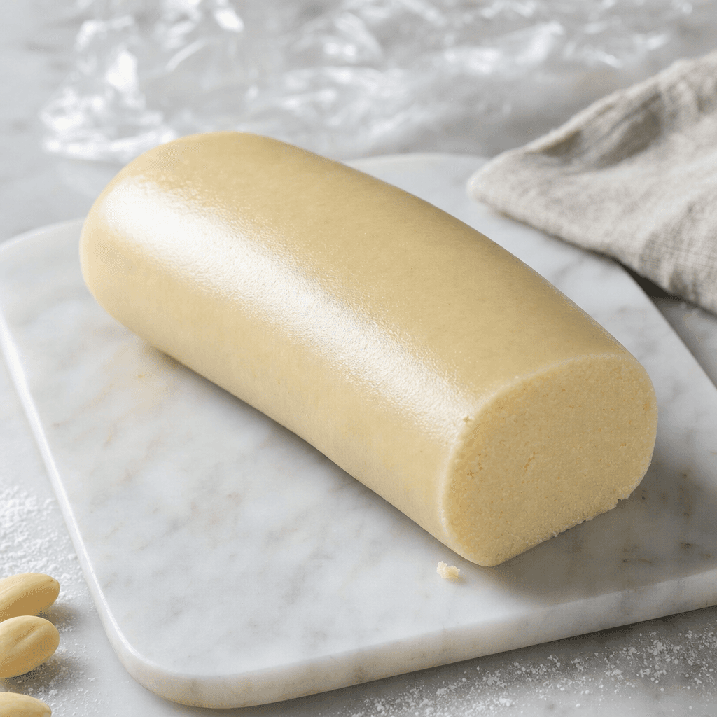 Boudin de pâte d'amande ivoire, surface satinée, sur planche de marbre blanc avec amandes mondées au premier plan