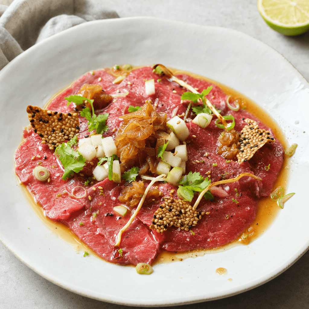 Carpaccio de bœuf, jus umami de soja, poire croquante et sésame