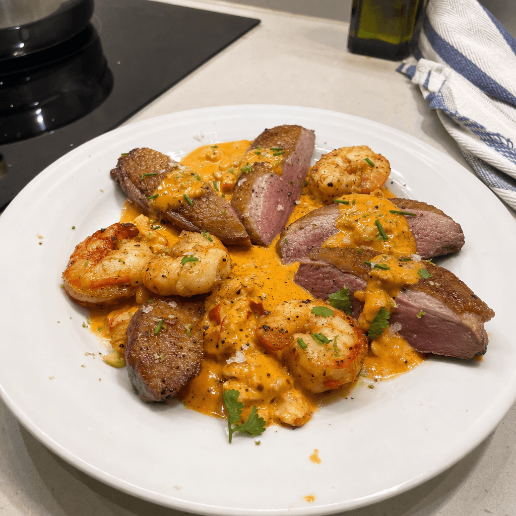 Magret de canard terre & mer, sauce homardine au safran