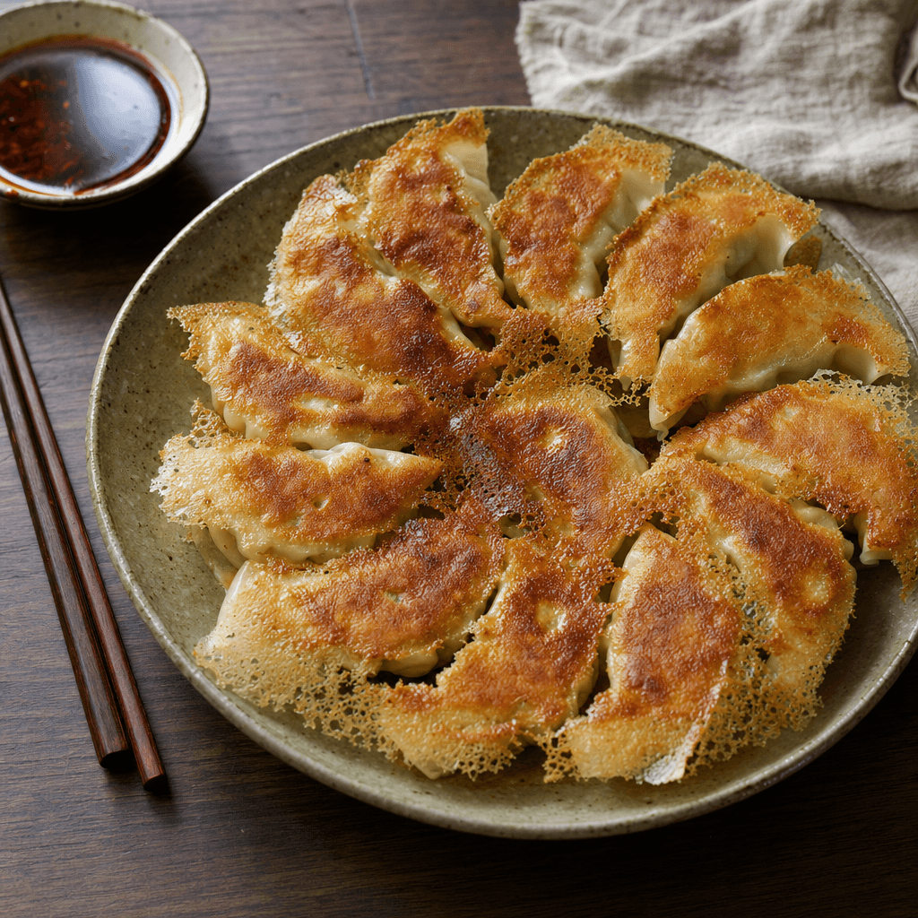 Gyoza hanetsuki en couronne sur assiette grès, base acajou et dentelle de fécule ambrée, ramequin de sauce à gauche