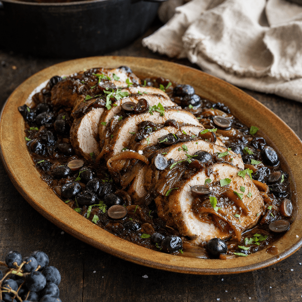 Rôti de porc mijoté aux raisins noirs, oignons fondants et balsamique